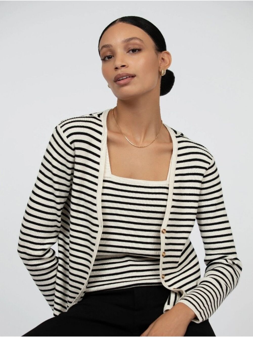 BeachLunchLounge Ribbed Knit Black and Cream Striped Sweater Set, Size XL